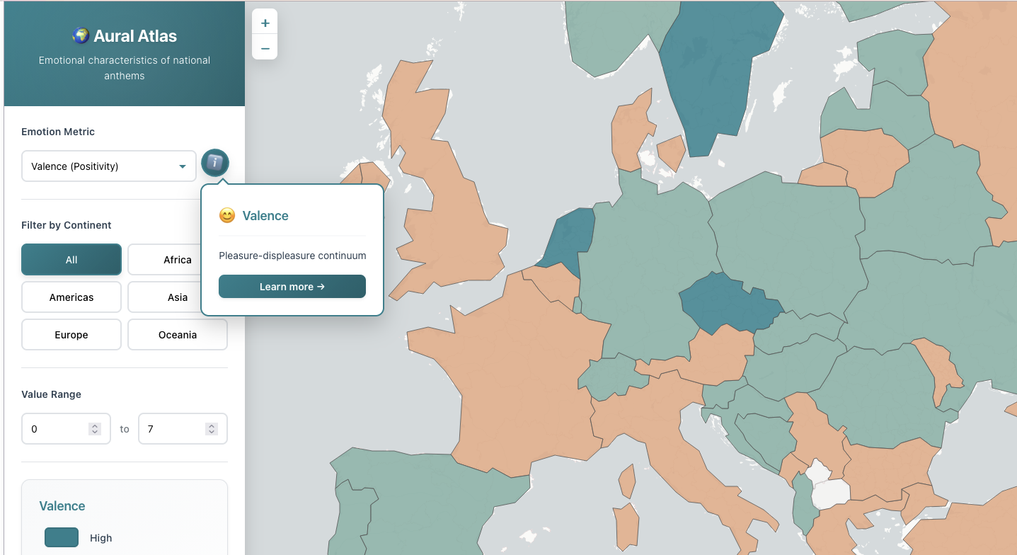 Interactive map of emotional characteristics of national anthems